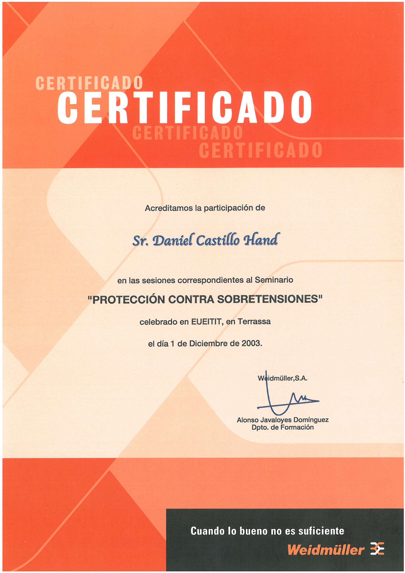 Certificat Curs de Sobre-Tensions (any 2003)
